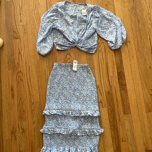 Abercrombie knot front puff sleeve top and smocked midi skirt set , tags on